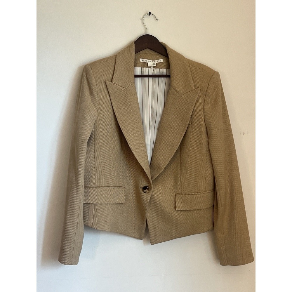VERONICA BEARD Diego Dickey Jacket 14 Tan Beige Cropped Blazer Herringbone Tweed